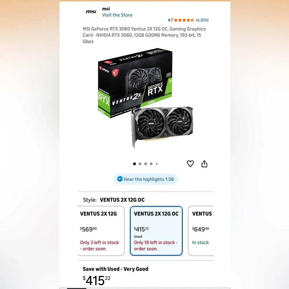 MSI GeForce RTX 3060 Ventus 2X 12G OC, Gaming Graphics Card - NVIDIA RTX 3060